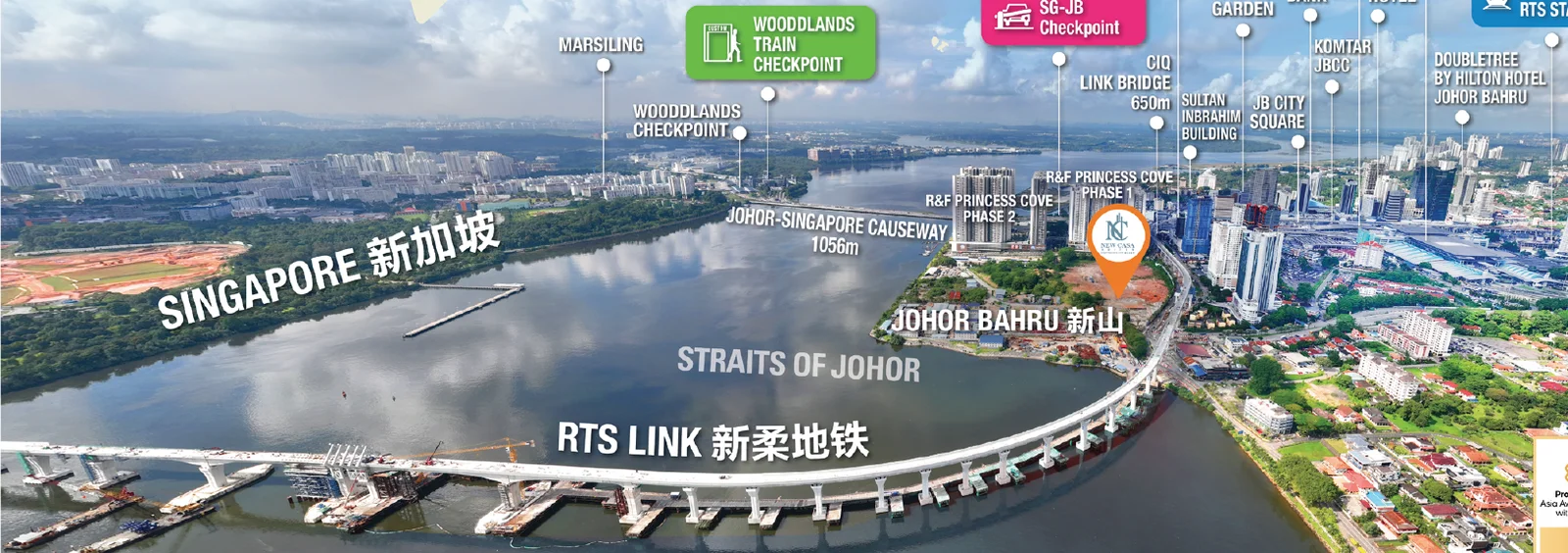 Aerial view of R&F Princess Cove beside the Johor–Singapore Causeway, JB CIQ and RTS Link