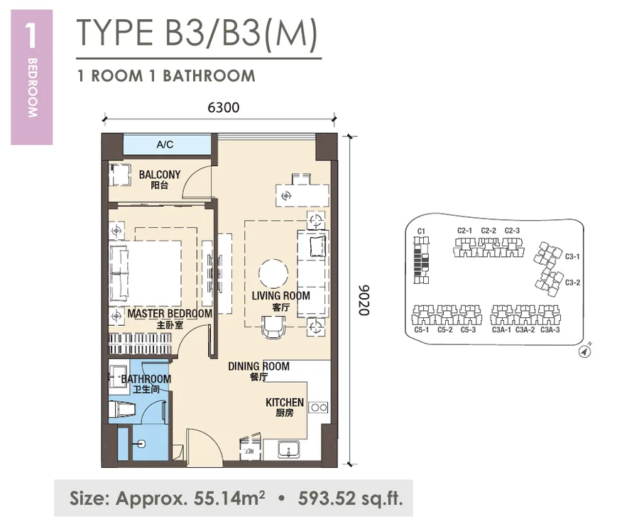 New Casa Suites @ R&F Princess Cove Type B3/B3(M) floor plan, 1 Bedroom · 1 Bath, 594 sq ft