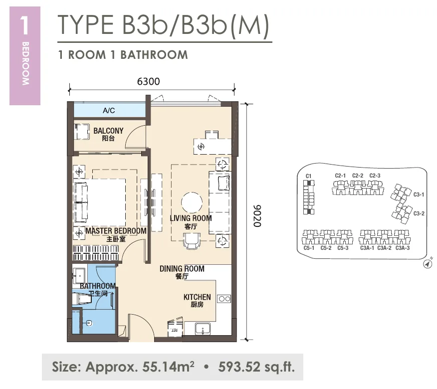 New Casa Suites @ R&F Princess Cove Type B3b/B3b(M) floor plan, 1 Bedroom · 1 Bath, 594 sq ft