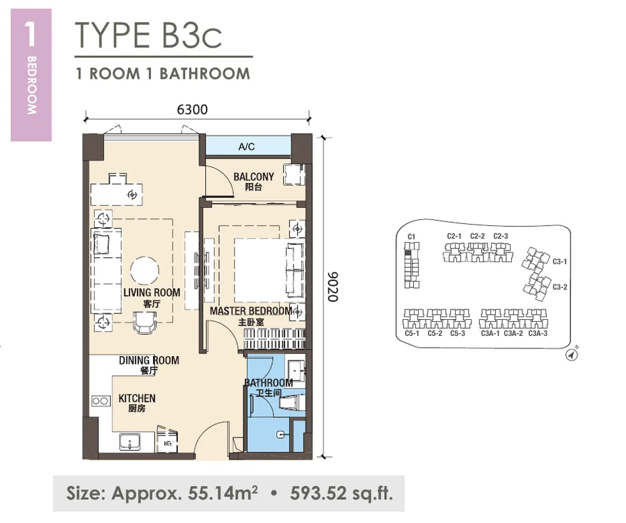 New Casa Suites @ R&F Princess Cove Type B3c floor plan, 1 Bedroom · 1 Bath, 594 sq ft